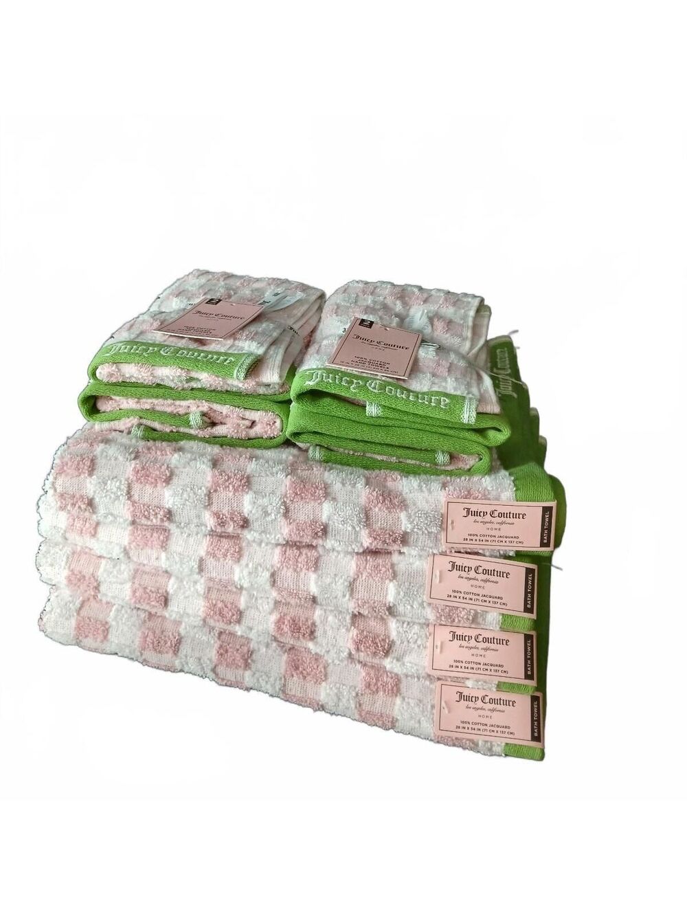 Juicy Couture Pink Green Checkerboard 8pc Bath Hand & Face Towel Set NWT